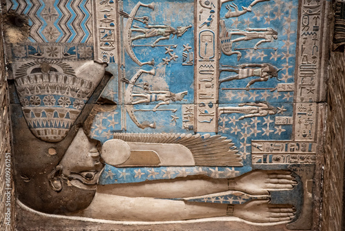 Colorful ceiling relief of sky goddess Nut in the Temple of Dendera, Egypt, showing ancient Egyptian mythology in vivid paintwork