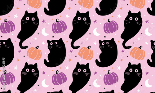 cat and pumpkin halloween seamless pattern, isolated pink background decoration , textile, fabric, cover, wallpaper, clothing, wrapping paper, vector illustration 
