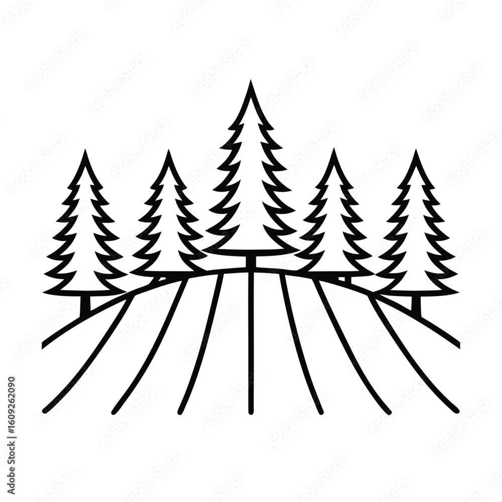Obraz premium Christmas tree farm with rows of pine trees in winter season line art vector illustration