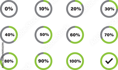 Circle Percentage Progress Charts – 0 to 100% Loading Indicator Icons for Infographics and UI Design.