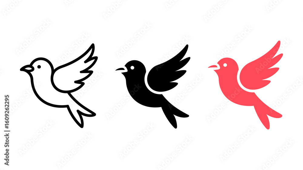Fototapeta premium Three stylized bird icons: white, black, and coral; minimalist design; peaceful, hopeful mood; vector illustration.