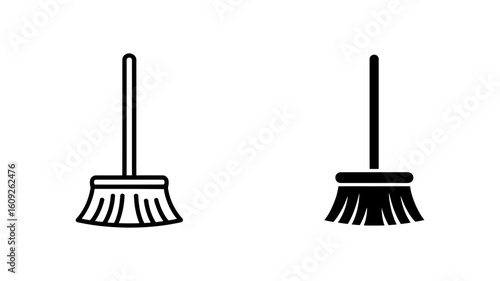 Simple Broom Icons: Outline and Solid Black Vector Graphics for Cleaning, Housekeeping, and Spring Cleaning Designs.