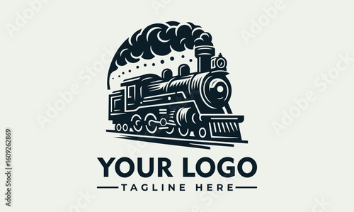Vintage steam locomotive logo design, featuring a stylized steam engine on a track, with a space for a company logo and tagline.