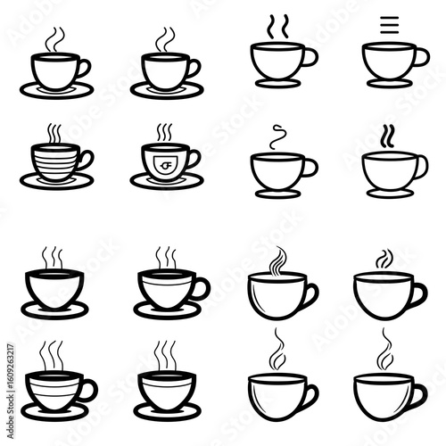 Wallpaper Mural Minimal black outline icon set of four different coffee cup styles, each with steam lines, arranged in grid, modern vector illustration Torontodigital.ca