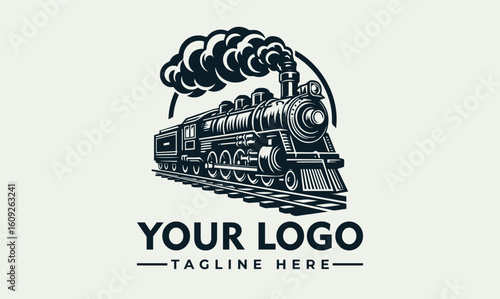 Vintage steam locomotive logo design, featuring a detailed train with smoke, set within a circular frame.