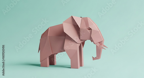 A geometric pink paper elephant created with origami techniques. This low-poly papercraft figure represents handmade art and creativity on a pastel blue background.