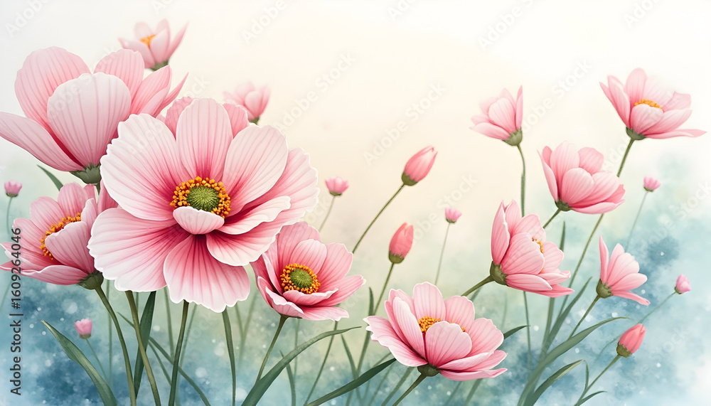 Fototapeta premium Pink Flower Watercolor Painting with Light Background