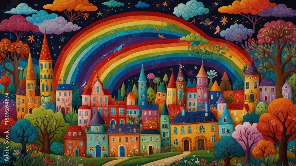 Fototapeta premium Whimsical fairytale city nestled under a vibrant rainbow and starry sky