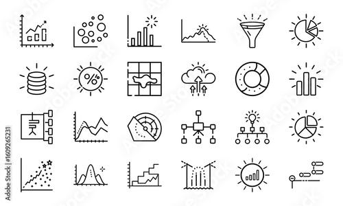 Line Art Icons for Data Analysis, Business Intelligence, and Graph Representation