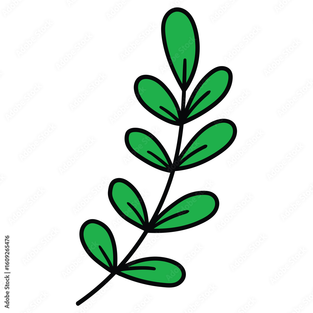 Naklejka premium Hand-drawn cartoon branch with green leaves on a white background.