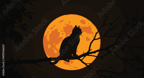 Silhouette of a Black Cat Perched on a Branch Against a Large Orange Moon