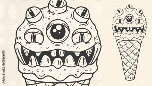 Illustration of two monster ice cream cones with multiple eyes and sharp teeth on a light background