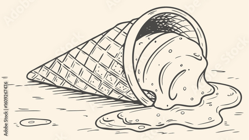 A fallen ice cream cone with melting ice cream creating a puddle on the surface in a monochrome style