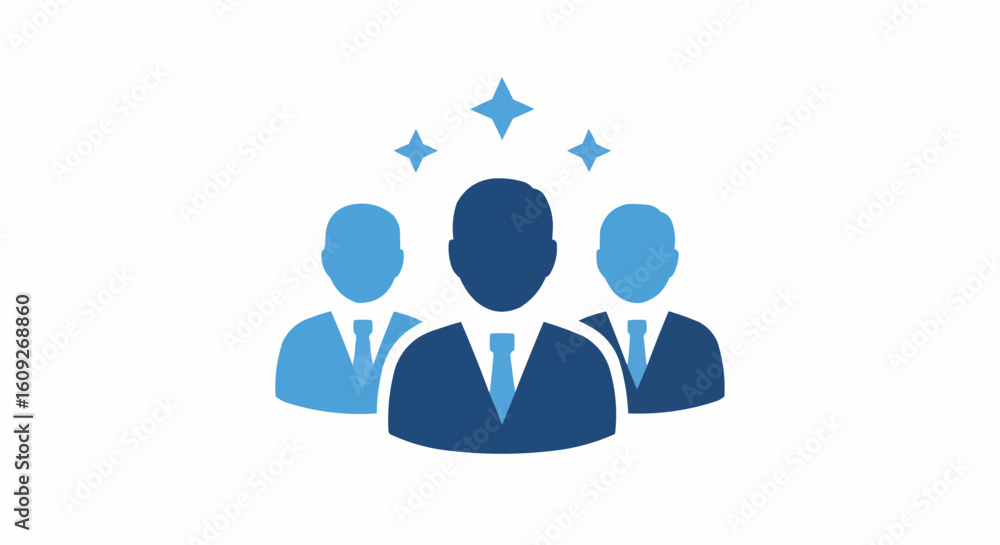 Illustration of three people in suits with stars above them representing leadership and teamwork concept Illustration of three people in suits with stars above them representing leadership and teamwork concept