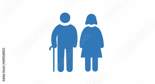 Blue icon of an elderly couple standing side by side with a cane on a white isolated background