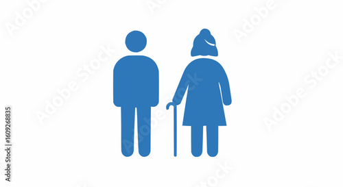 Illustration of an elderly couple standing side by side in blue color on a white background view