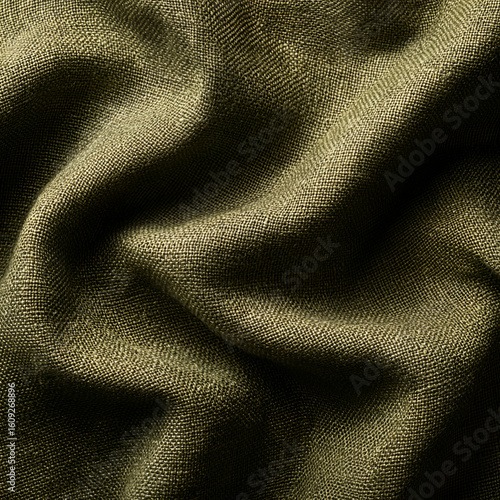 Luxurious olive green fabric draped with delicate, soft folds, highlighting rich texture and sophisticated textile craftsmanship