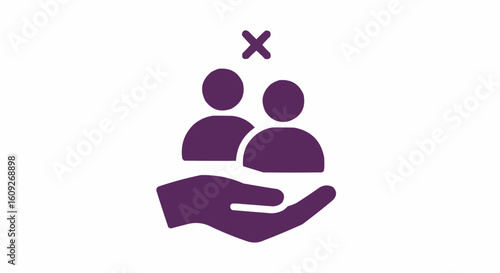 Hand holding two people with an x above them indicating a removal or deletion concept in purple