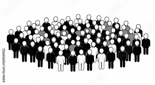 Illustration of a large group of stick figures in black white and gray colors standing together closely packed