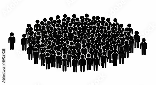 Illustration of a dense crowd of black stick figures with two isolated figures on the sides