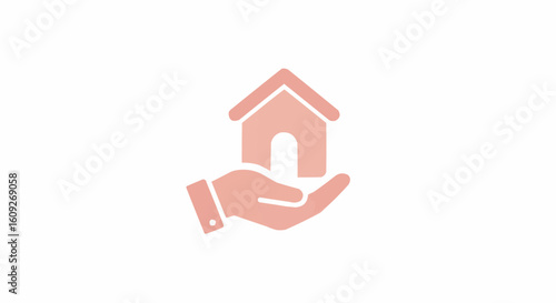 A light red house icon is displayed on top of an open hand in a white background image design here