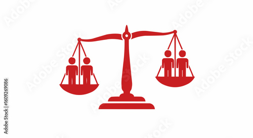 Red scales of justice with two figures on each side representing balance and equality perfectly measured