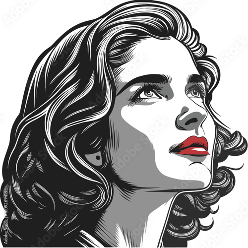 Fashionable vector illustration of a woman's glamourous face with long black hair, capturing her beauty and elegant style
