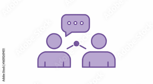 Two stylized figures communicating with a speech bubble above them in a light purple color scheme