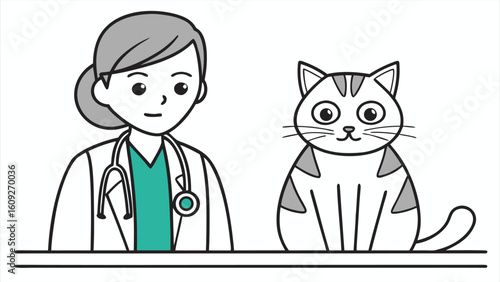 Line art of vet examining cat on table with doctor.