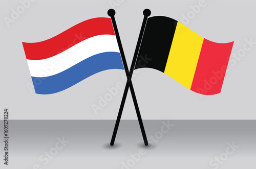 Crossed Flags of Netherlands and Belgium Waving Flags Flat Style. Official Proportion.