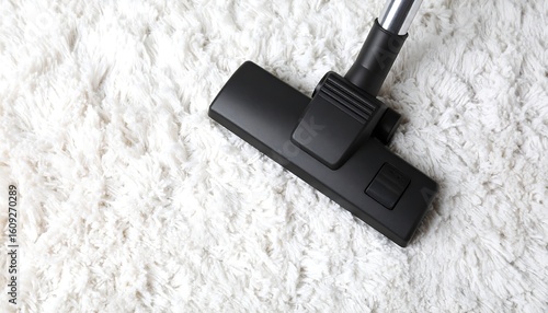 Close-up of a vacuum cleaner head on a white carpet