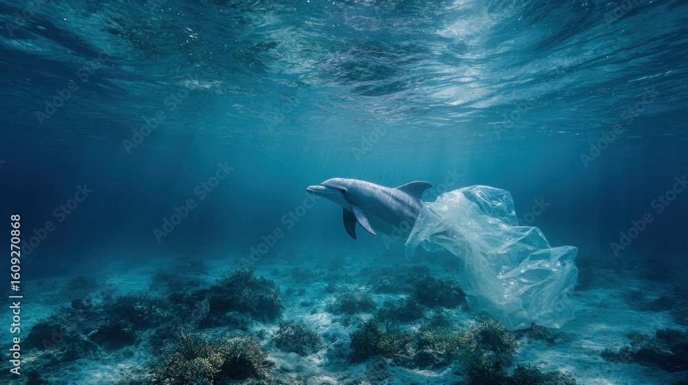 Obraz premium Ocean Pollution: Dolphin Entangled in Plastic