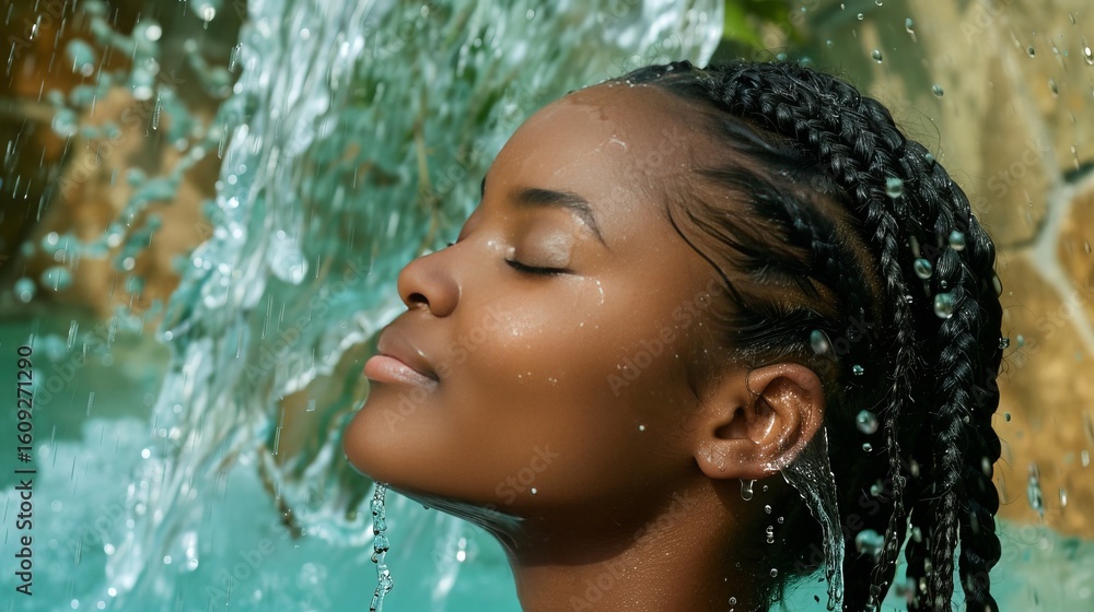 Obraz premium A dynamic shot of a model splashing water on their face to demonstrate the refreshing effect of a cleanser, 