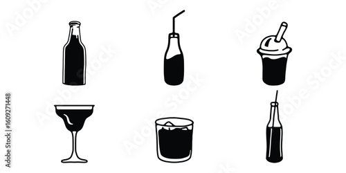 Hand Drawn Beverage Icons Silhouette Bottle, Mug Glass Vector Pack