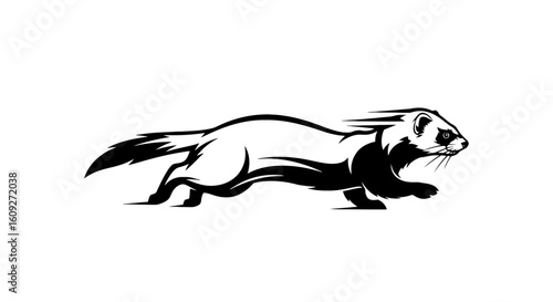 A stylized black and white illustration of a ferret running swiftly.