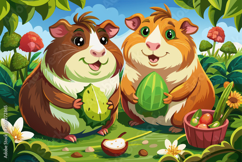 vector of Two guinea pigs were enjoying eating among the chamomile flowers.