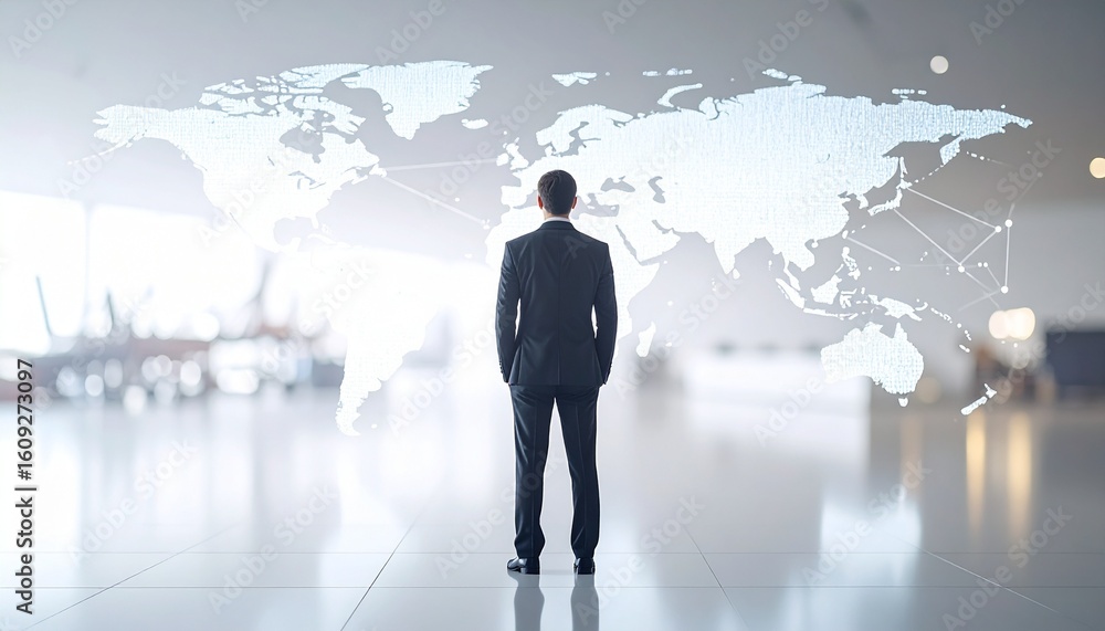 A man in a suit with a three-dimensional world map in the background A man in a suit with a three-dimensional world map in the background