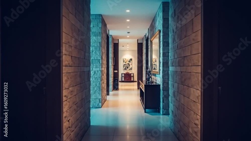 Modern Hotel Hallway with Stone Walls