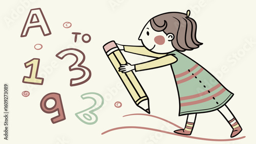 Girl learning to write numbers and letters with pencil education concept for kids learning abc and maths