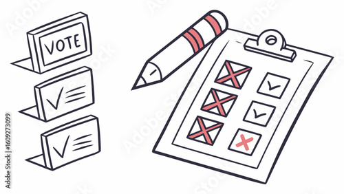 Vote election checklist with pencil and ballot boxes political participation democratic process illustration