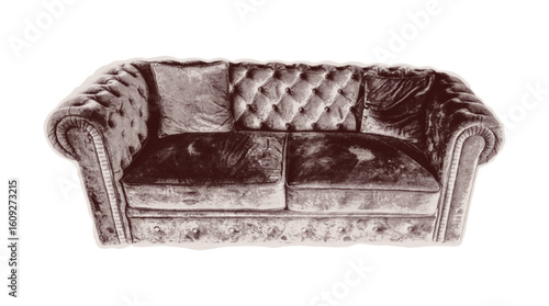 Trendy halftone collage of Vintage velvet sofa cut from old newspaper. Isolated vector illustration grayscale retro sticker with Dot texture. Vintage Pop art aesthetic, y2k vibe nostalgic