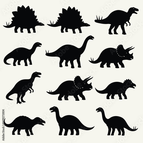 Collection of Dinosaur Silhouettes Featuring Triceratops Stegosaurus and More Extinct Creatures on White Background