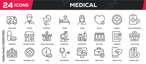 Set of collection line icons related medical, healthcare, hospital. Editable stroke. Perfect pixel on transparent background