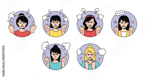 Seven cartoon women showing different expressions of anger and frustration with exclamations and speech bubbles