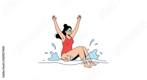 Young woman in red swimsuit joyfully sliding down a water slide splashing water
