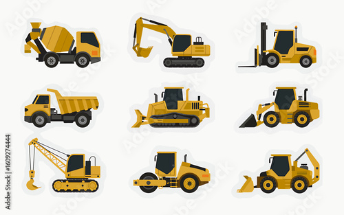 Collection of nine diverse construction vehicles in a group arrangement