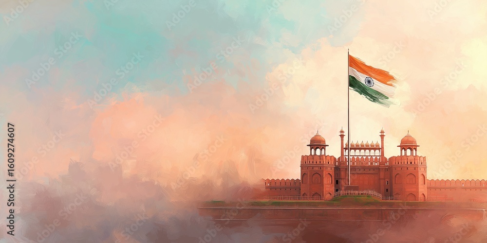 Fototapeta premium Watercolor illustration of red fort with place for text.