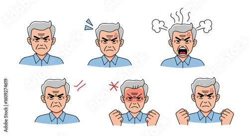 Illustrations of an angry old man displaying various expressions of frustration and rage
