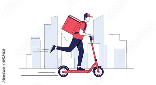 Fast food delivery worker riding electric scooter through city streets carrying red insulated bag on back providing quick service