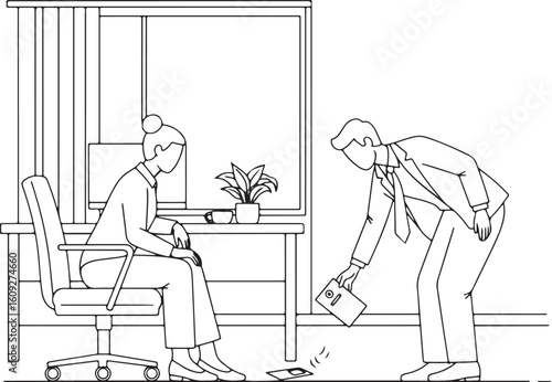 Man courteously picking up dropped item for woman at office desk demonstrating helpfulness and respect